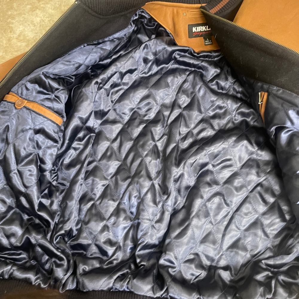 Kirkland NWT Mens Wool Leather Baseball Varsity Jacket Navy Brown Large NWT LG - Picture 10 of 14